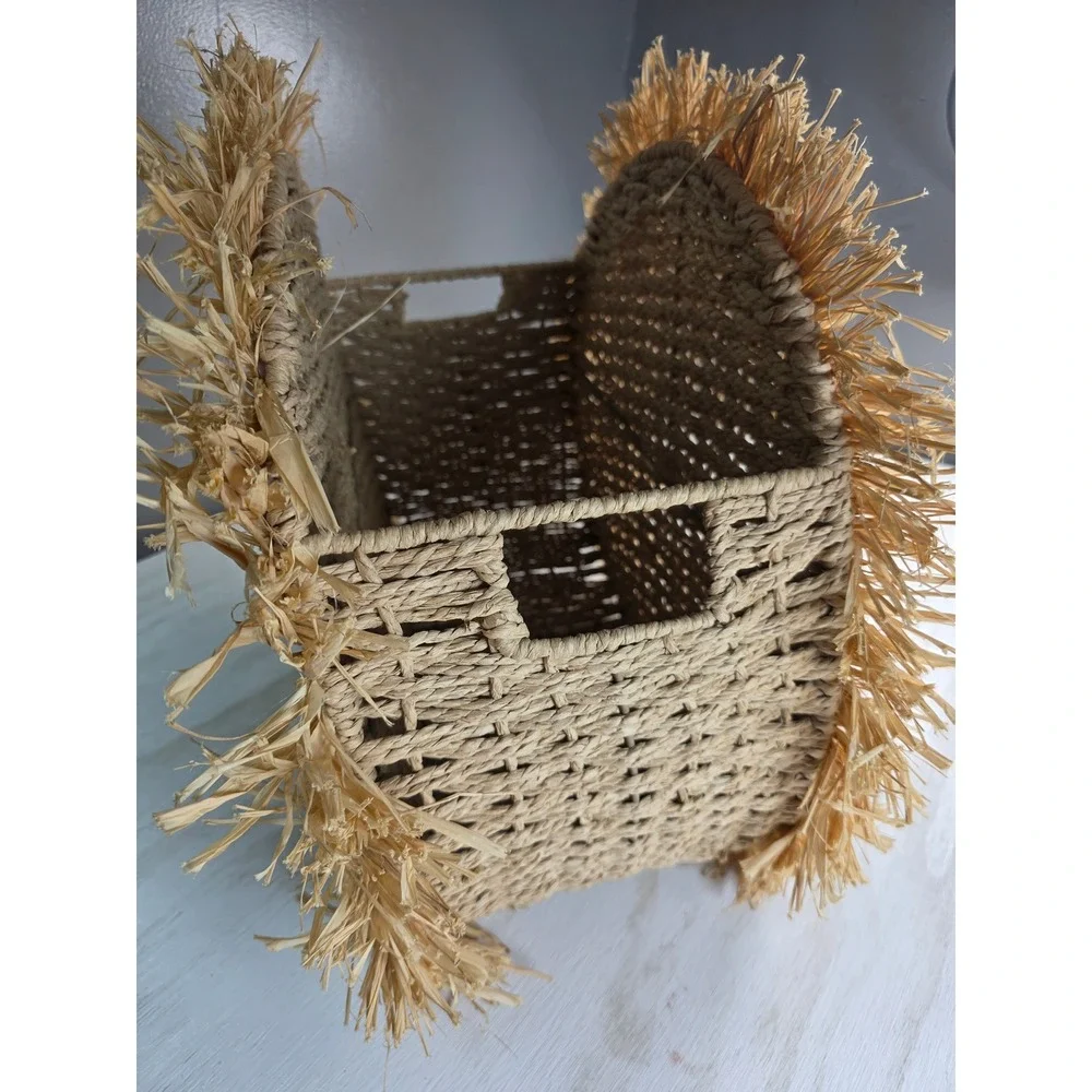 Boho Woven Straw Fringe Tote Basket Natural Raffia Cottagecore